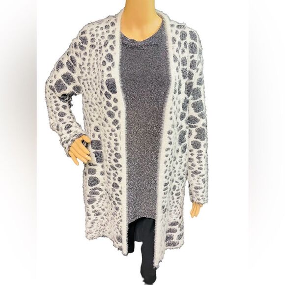 Alfani Open Front Longline Cardigan Sweater White Gray Animal Print Cozy - Picture 1 of 5
